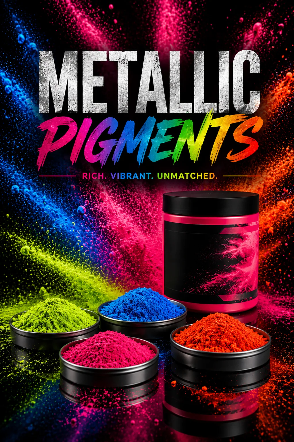 Metallic Pigments poster with sample tins of lime, blue, magenta and orange pigment powder