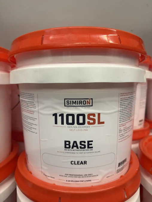Simiron 1100SL Base Clear two-gallon buckets stacked in the Exclusive Resin Supply shop